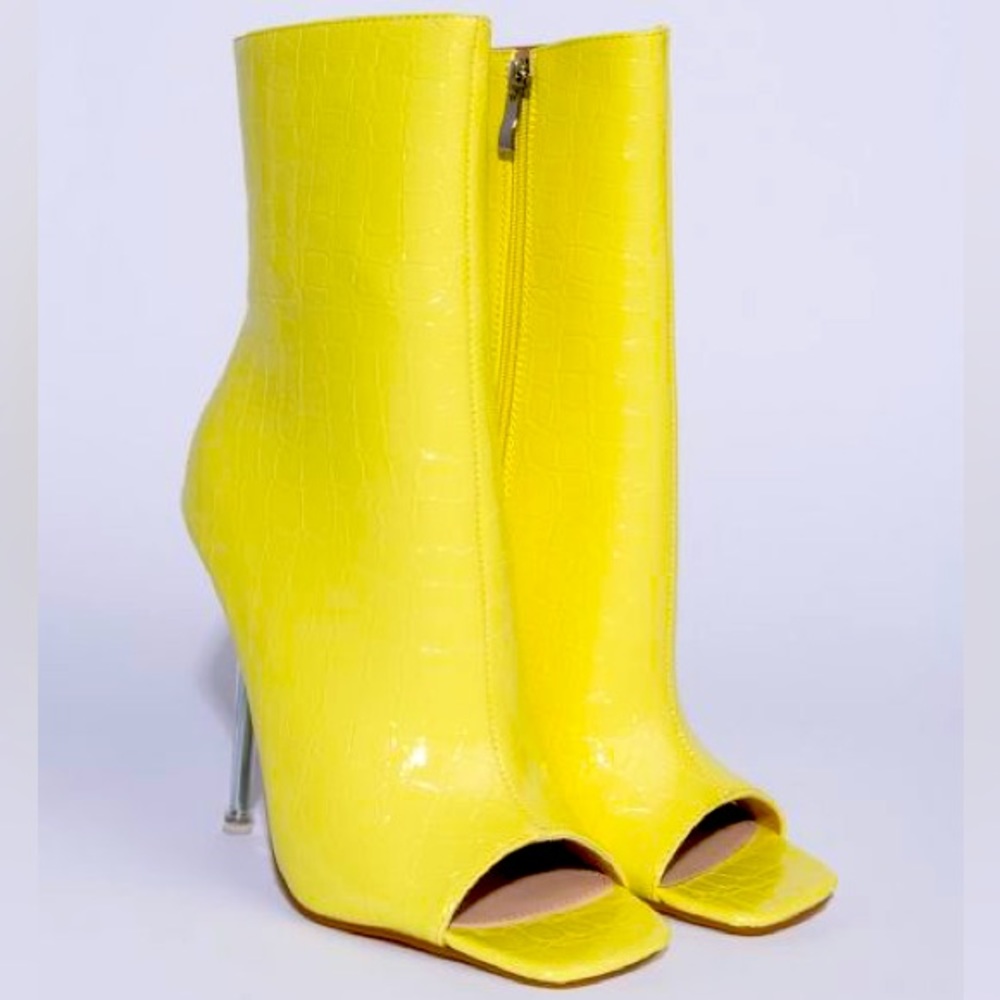Yellow Croc Embossed Patent Leather Open Toe Stiletto Boots - Picture 2 of 5